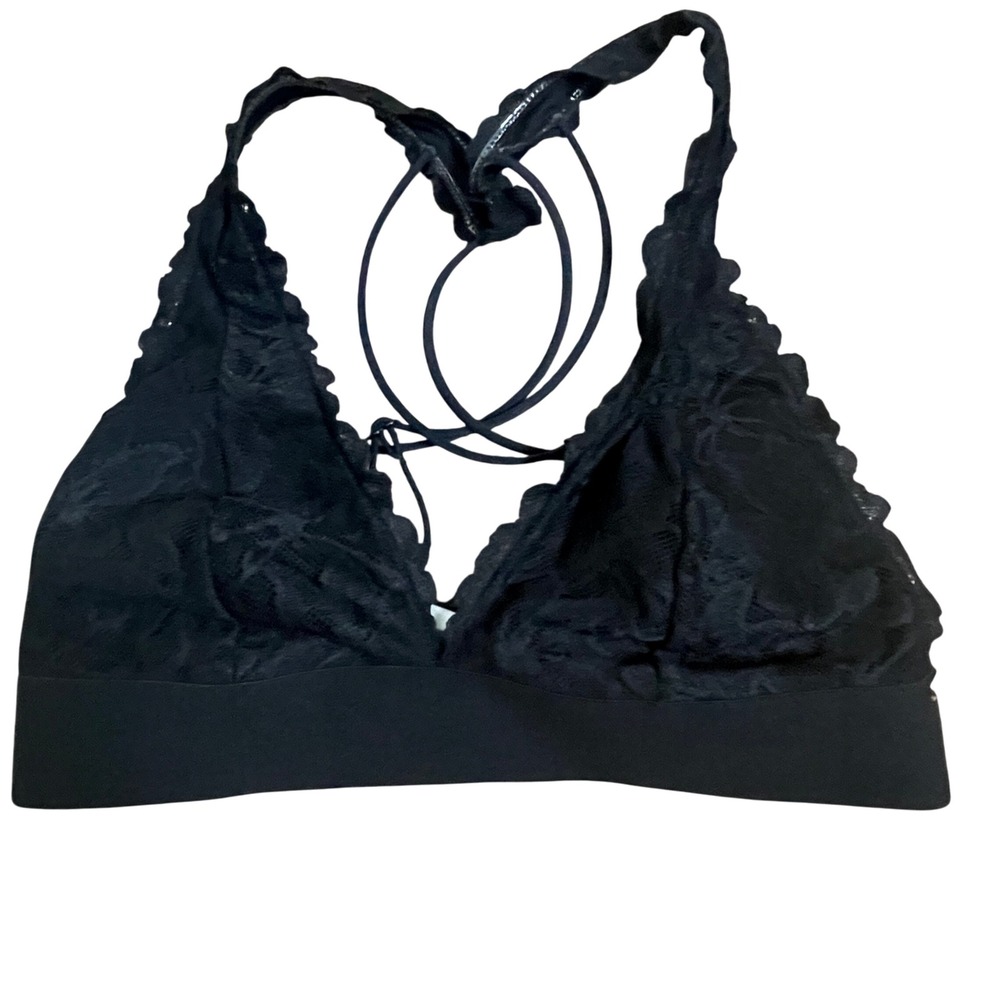 PINK Victoria's Secret Black Lace Triangle Bralette Bra Strappy Back XS‎